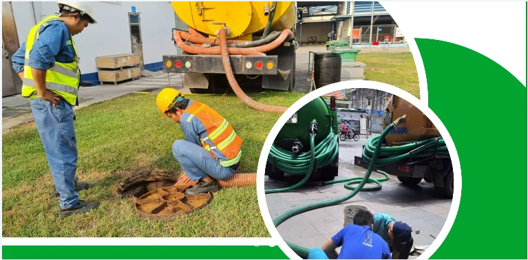 Đội thi công và xe hút hầm cầu của Môi Trường Toàn Cầu